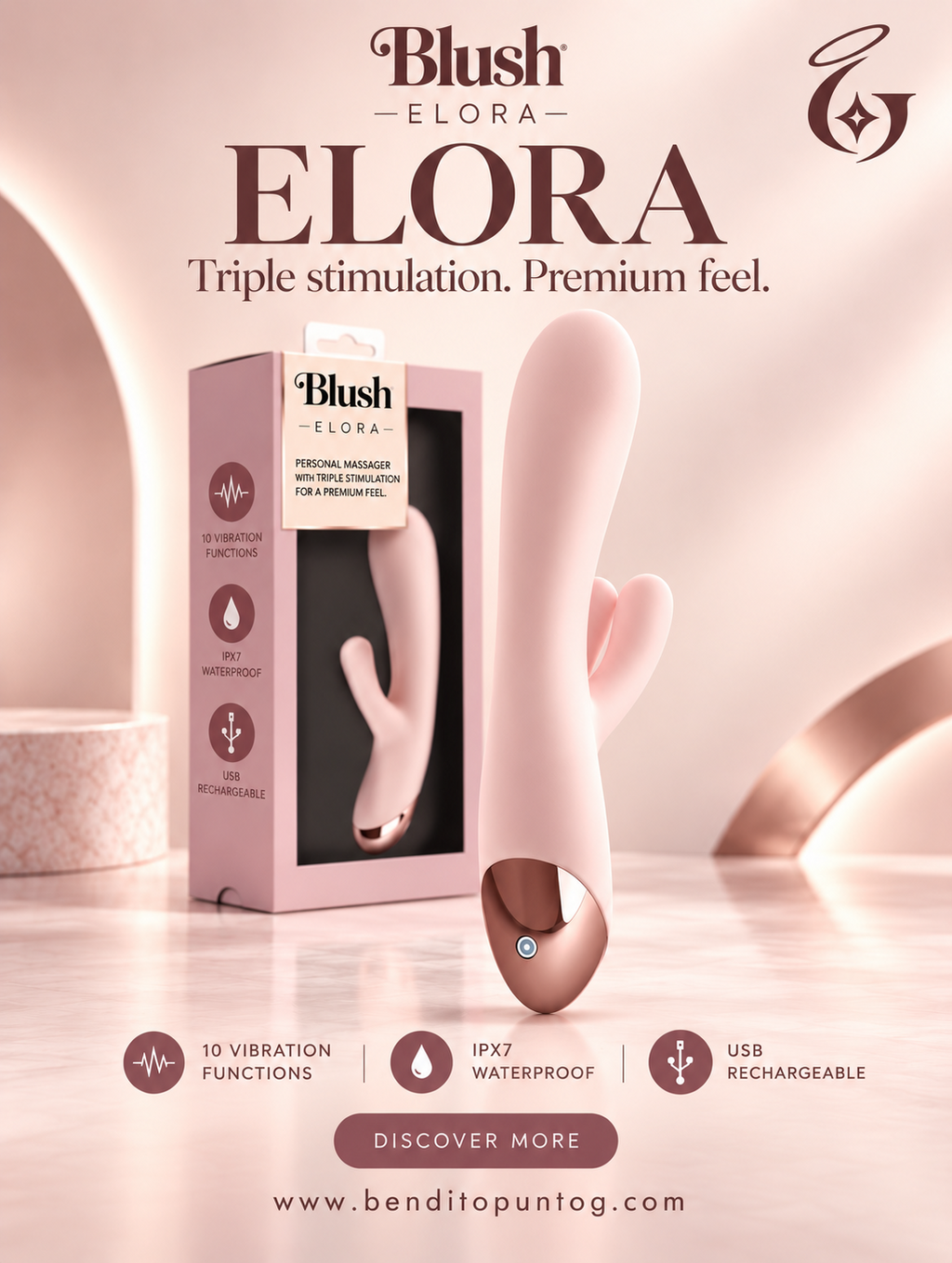 Masajeador íntimo Elora rosa con detalles dorados rosados junto a su empaque
